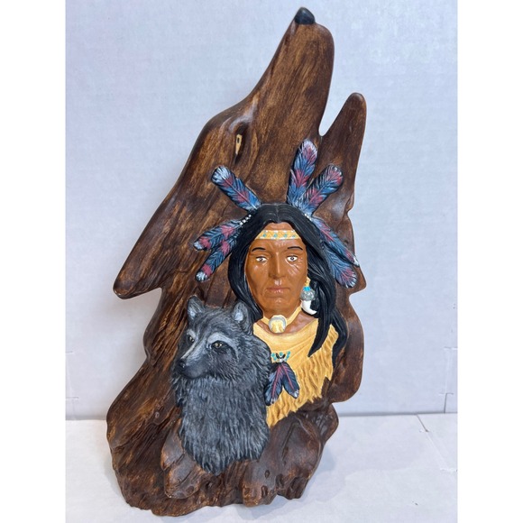 Other - Native American Chief and Wolf Resin Sculpture Howling‎ Wolf Faux Wood Figurine